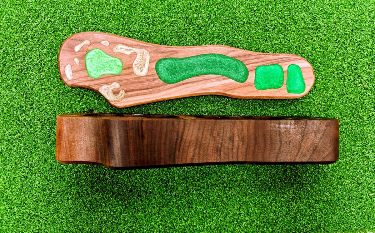 Premium wooden golf ball display case for four custom golf balls
