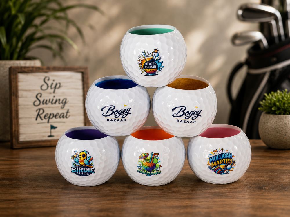 Bogey Bazaar four custom golf ball shot glasses