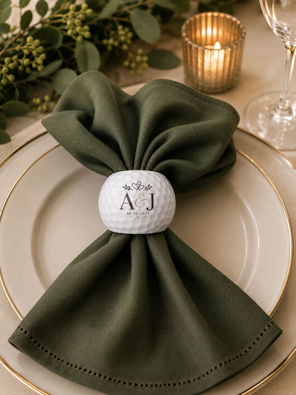 Bogey Bazaar golf ball napkin holder shown at a table setting